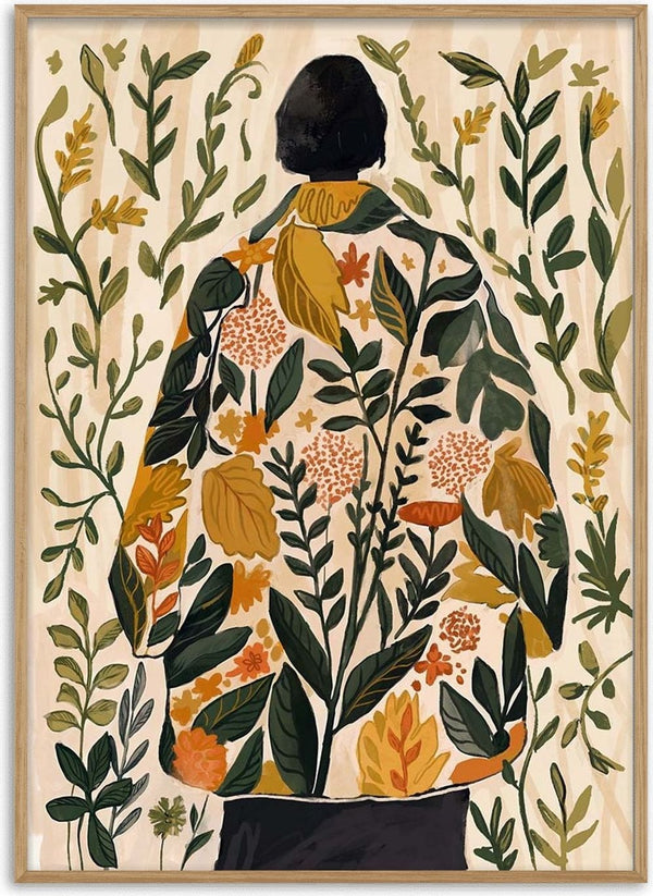 Illustration of a person in a floral coat, surrounded by spring plants; Whispers of Spring - Elara Monet.