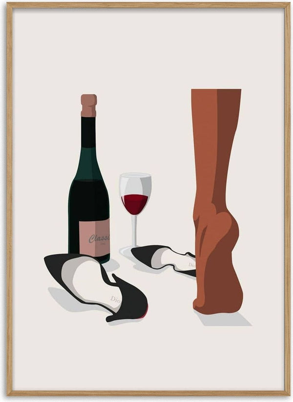 Retro poster with a wine bottle, glass of red wine, high heels, and bare legs on a minimalist background.