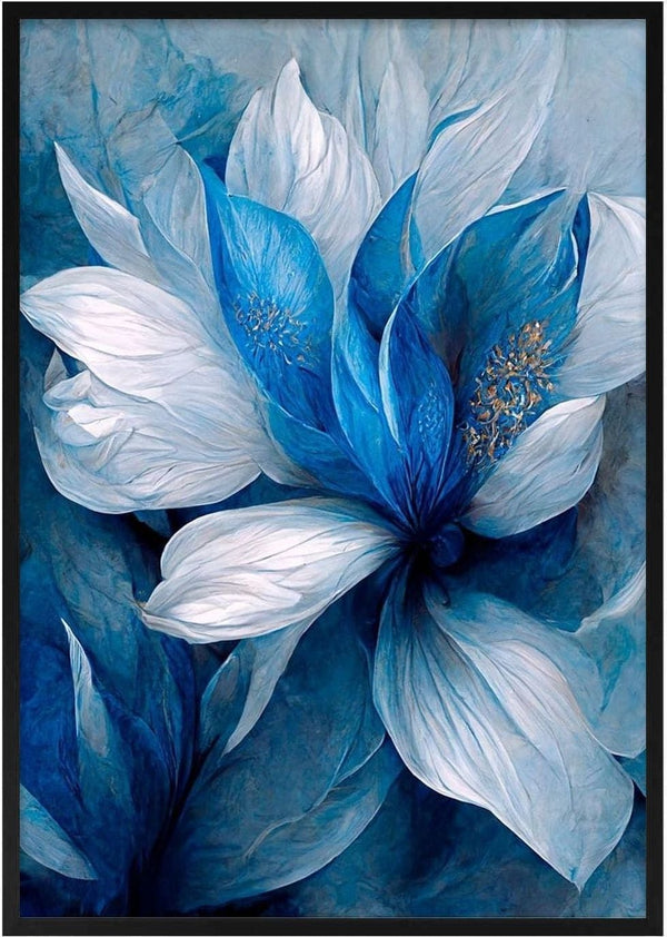 Abstract blue and white flowers with delicate petals, artwork style for Winnie Møller - Blå Blomst 2.