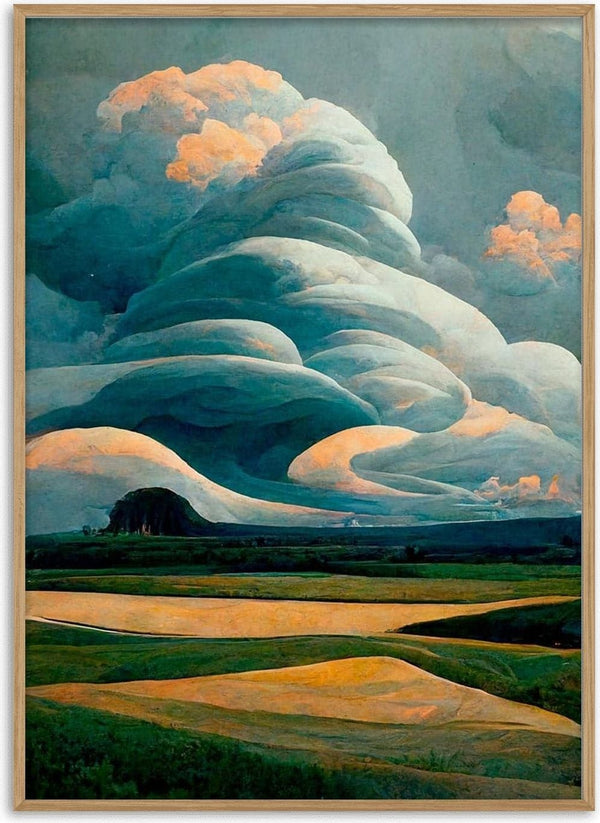 Painting of dramatic swirling clouds above a serene landscape, featured in Winnie Møller - Skyer i Bølger.