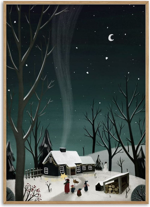 winter night by Justyna - snowy cottage at night with a family carrying a lantern