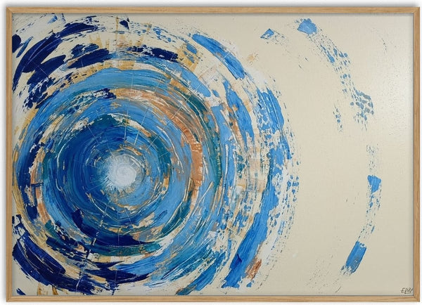 Woher? · Where From? by ELIZA Leopold - abstract blue vortex of palette knife strokes on a cream background