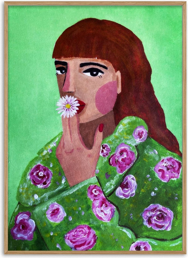 Painting of a woman in a floral green cloak holding a daisy to her lips, on a bright green background.