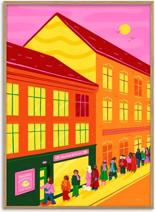 Worth the Wait by Nanna Paavig a queue outside a Copenhagen bakery under a pink sky