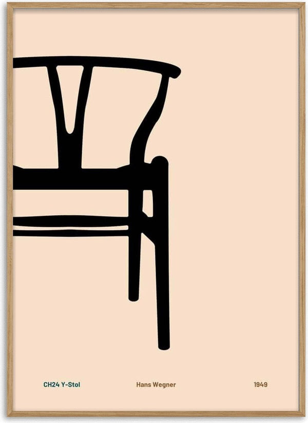 Minimalist poster featuring Hans Wegner's iconic Y-chair design in black on a light beige background.