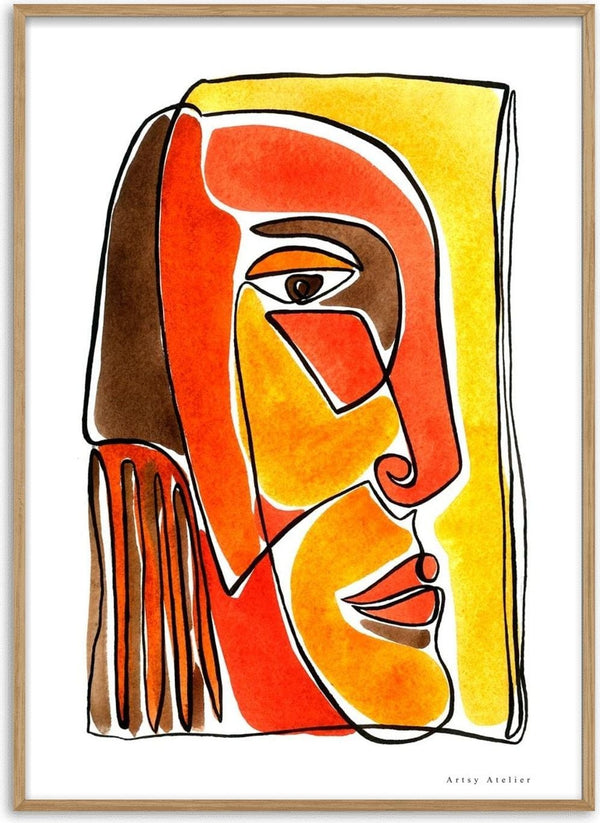 Abstract face artwork in yellow and red tones, featured on the Yellow and Red Face Imaginaires Plakat product page.