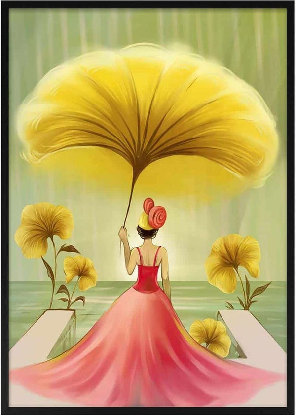 Woman in a pink dress holds a large yellow flower umbrella, surrounded by yellow blooms on water.