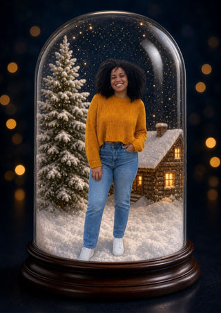 Snow Dome Portrait personalised poster – a young woman standing full length under a tall glass snow dome