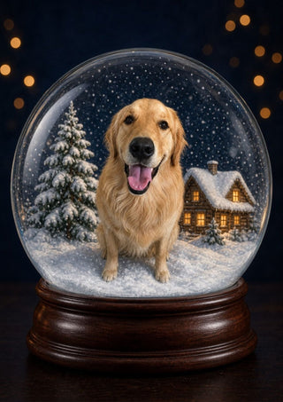 Snow Globe Portrait personalised poster – a golden retriever sitting in the snow inside a glass snow globe