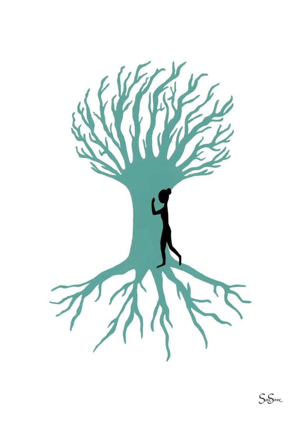 Minimalist art print of a person walking inside a tree with visible roots, by Sara Sonne, on a white background.