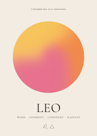 Leo zodiac aura poster – a glowing Leo aura with date, time and place, traits and the Leo symbol on a cream background