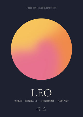 Leo zodiac aura poster – a glowing Leo aura with date, time and place, traits and the Leo symbol on a dark night background