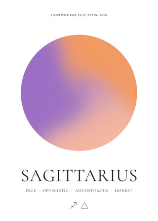 Sagittarius zodiac aura poster – a glowing Sagittarius aura with date, time and place, traits and the Sagittarius symbol on a white background