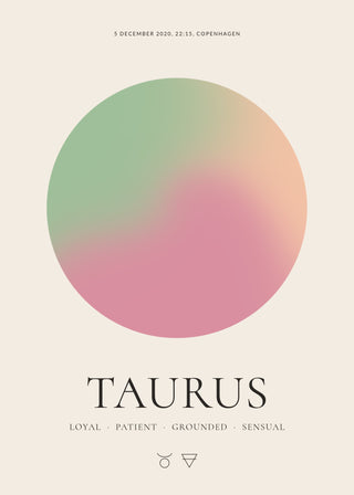 Taurus zodiac aura poster – a glowing Taurus aura with date, time and place, traits and the Taurus symbol on a cream background